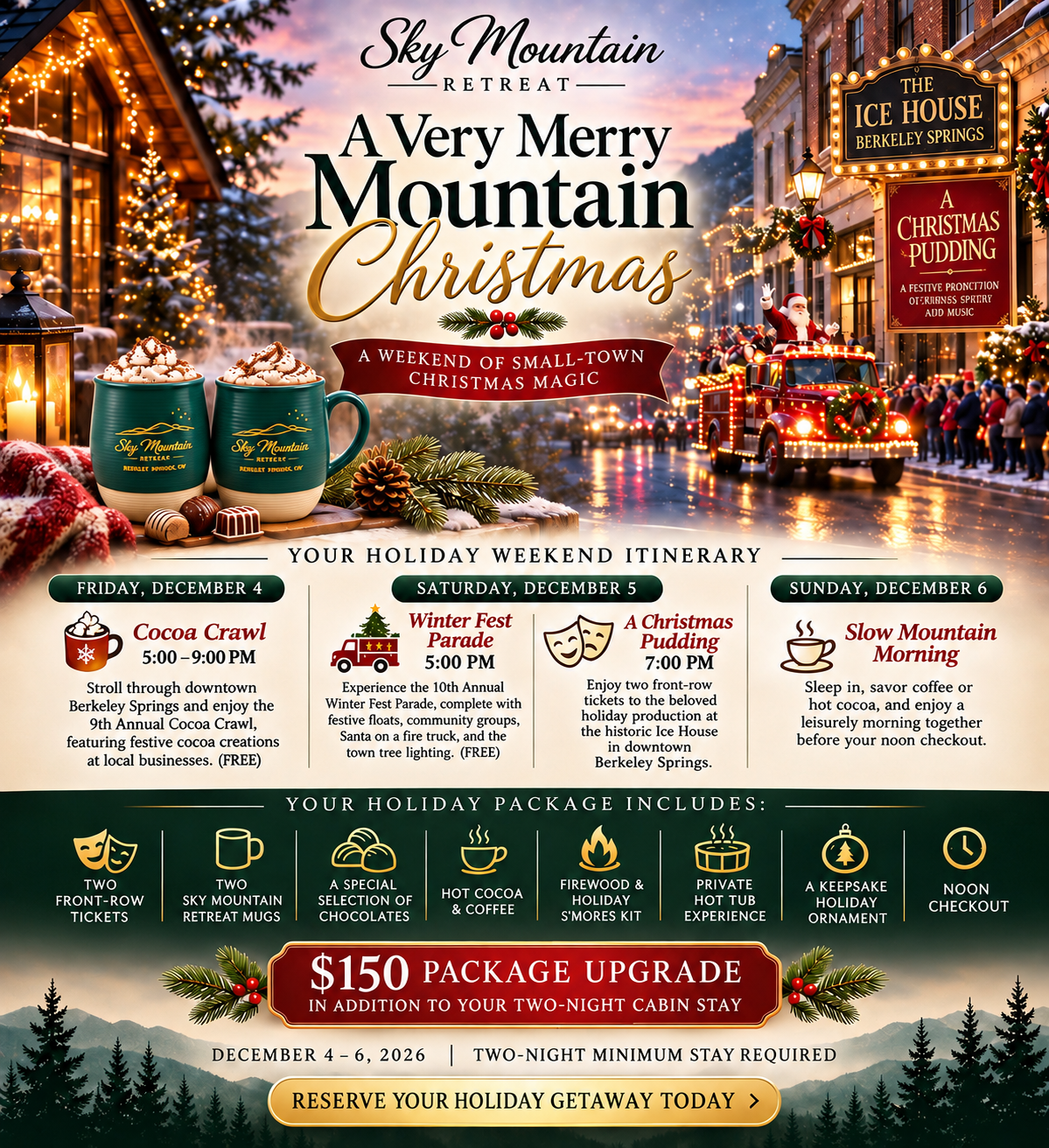 A Very Merry Mountain Christmas flyer — Sky Mountain Retreat mugs of cocoa, the Ice House theater and Santa on a fire truck in the Winter Fest Parade