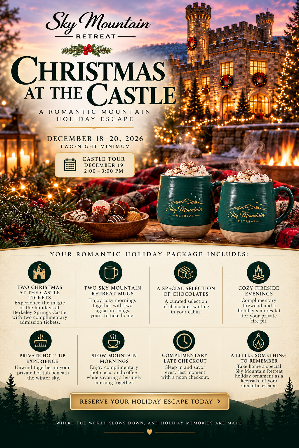 Christmas at the Castle holiday package flyer — two Sky Mountain Retreat mugs of hot cocoa beside a glowing castle