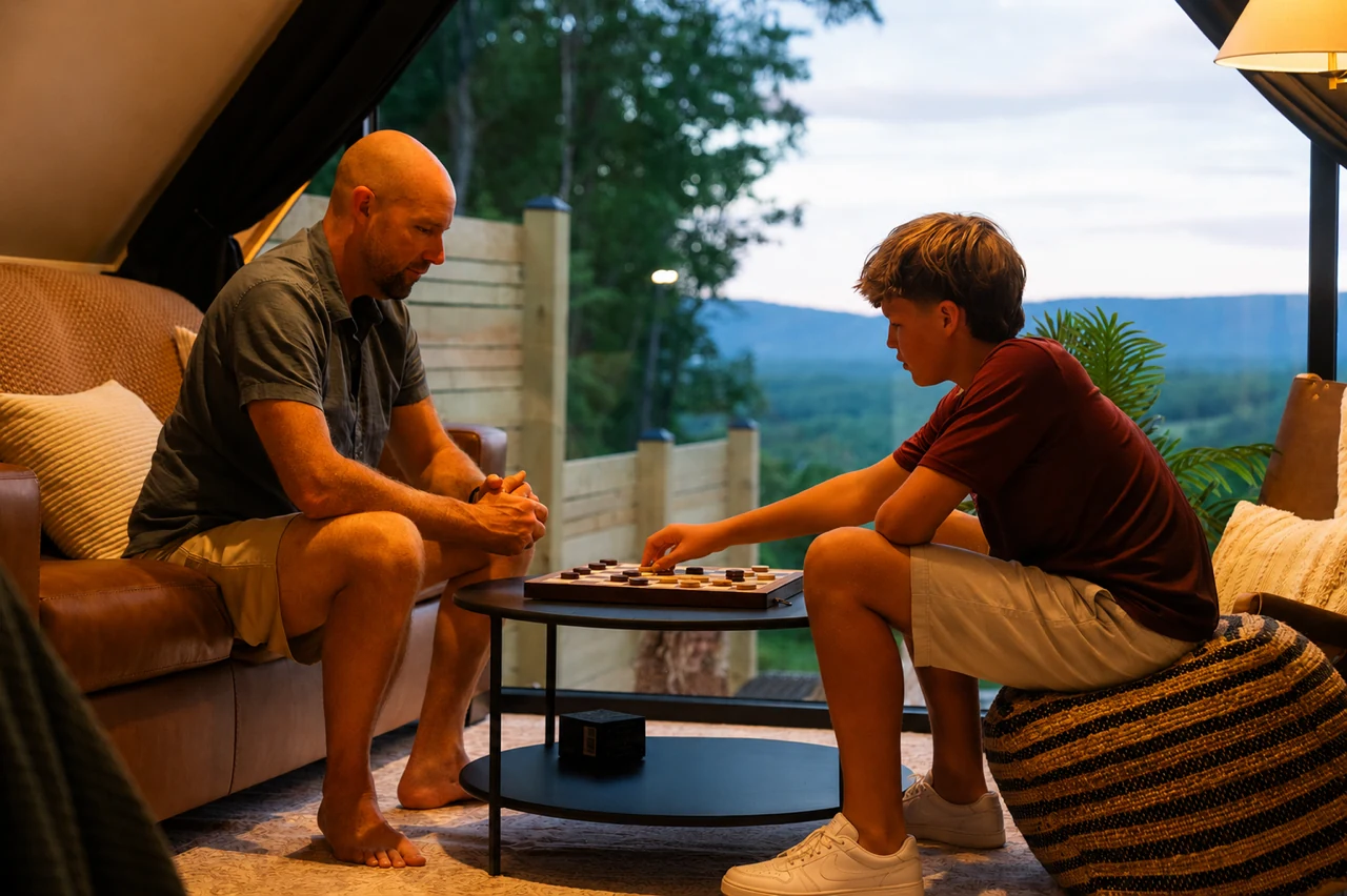 A game of chess by the window at Sky Mountain Retreat